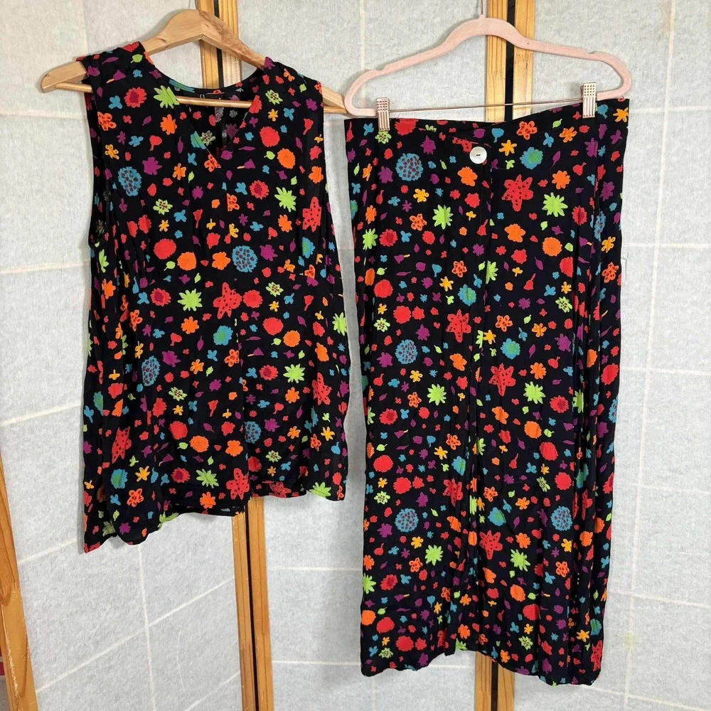 Vintage CAROLE LITTLE Women Size 16 Black Floral Sleeveless Top and Skirt Set - Picture 1 of 12